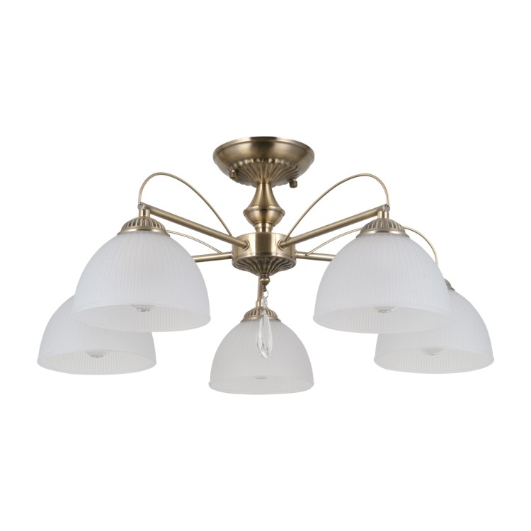 Lampa sufitowa MORETI Italux PND-40623-5-AB ma pięć białych szklanych kloszy i oprawę w kolorze patyny. Klasyczne oświetlenie 5×E27 do salonu, jadalni, sypialni, gabinetu, przedpokoju lub eleganckiego holu.