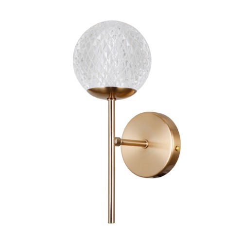 Kinkiet PADRI 1xG9 Italux WL-40827-1-HBR-CL to eleganckie oświetlenie ścienne w złotym kolorze z dekoracyjnym, transparentnym kloszem o strukturze kryształu. Idealny do salonu, sypialni lub korytarza.