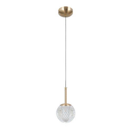 Lampa wisząca PADRI Italux PND-40827-1-HBR-CL łączy złote wykończenie z dekoracyjnym, kryształowym kloszem. Pojedyncze źródło światła G9 sprawdzi się przy łóżku, nad stolikiem, barkiem lub w eleganckim salonie.