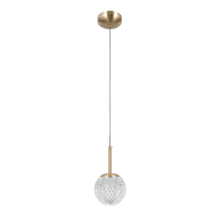 Lampa wisząca PADRI Italux PND-40827-1-HBR-CL łączy złote wykończenie z dekoracyjnym, kryształowym kloszem. Pojedyncze źródło światła G9 sprawdzi się przy łóżku, nad stolikiem, barkiem lub w eleganckim salonie.