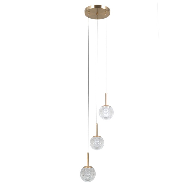 Lampa wisząca PADRI Italux 3xG9 zachwyca złotą formą i dekoracyjnymi transparentnymi kulami. Styl glamour i premium, idealna do salonu, jadalni czy przedpokoju. Nastrojowe, subtelne światło i wysoka jakość wykonania.