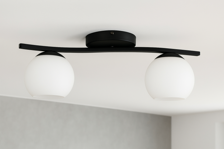 Lampa sufitowa CARMEN O3642 P2 CZA to stylowe oświetlenie polskiej produkcji. Czarna matowa oprawa i dwa białe, mleczne klosze tworzą elegancką całość. Źródło światła 2xE27 max 60W, podział świecenia 1+1, montaż na listwie, sterowanie ścienne