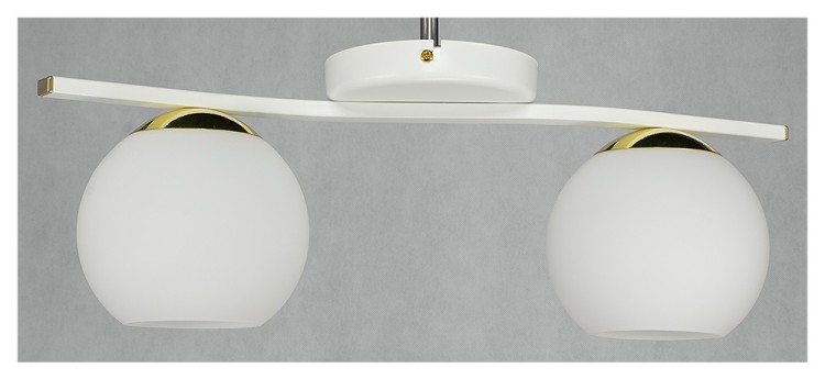 Lampa sufitowa MAREA 2xE27 biała ze złotymi dodatkami. Klosze białe w formie kuli. Listwa mocująca. Polski produkt firmy Lemir.