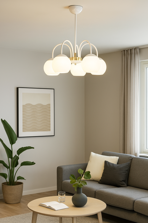 Lampa sufitowa NINA 5xE27 marki Lemir to eleganckie polskie oświetlenie w białym połysku ze złotymi detalami i mlecznymi kulami. Solidne wykonanie z metalu i szkła, podział świecenia 3+2, mocowanie na hak. Styl i jakość made in Poland