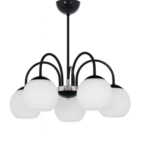 Lampa sufitowa NINA 5xE27 Lemir zachwyca połączeniem czarnej konstrukcji z chromowanymi detalami i białymi szklanymi kulami. Pięć punktów światła oraz podział świecenia 2+3 sprawiają, że doskonale sprawdzi się w salonie i jadalni.