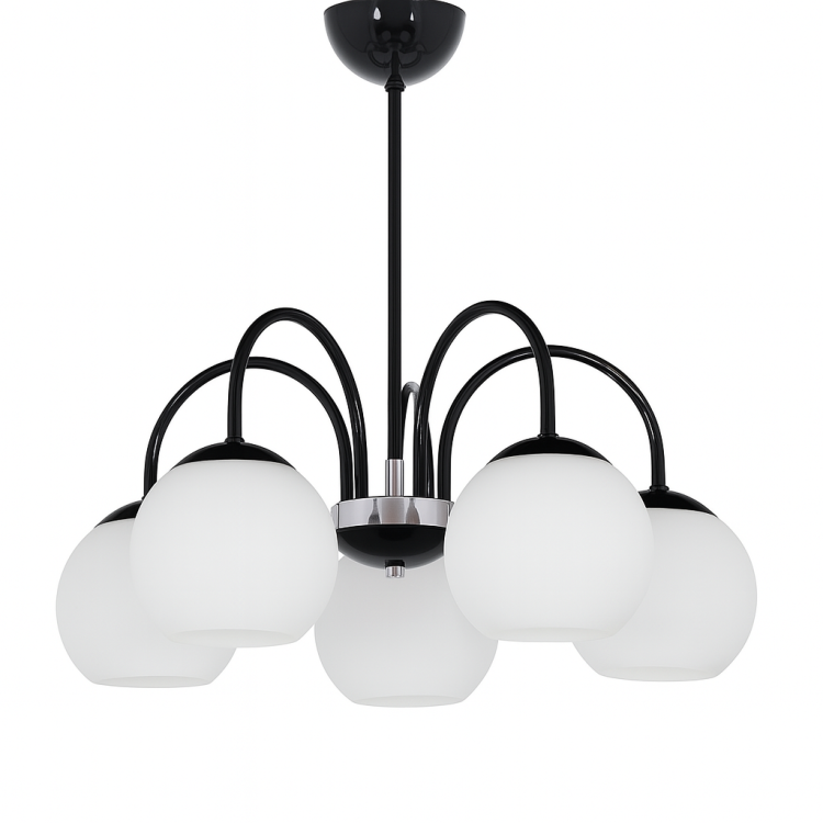 Lampa sufitowa NINA 5xE27 Lemir zachwyca połączeniem czarnej konstrukcji z chromowanymi detalami i białymi szklanymi kulami. Pięć punktów światła oraz podział świecenia 2+3 sprawiają, że doskonale sprawdzi się w salonie i jadalni.