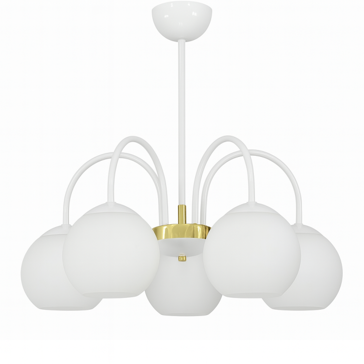 Lampa sufitowa NINA 5xE27 marki Lemir to eleganckie polskie oświetlenie w białym połysku ze złotymi detalami i mlecznymi kulami. Solidne wykonanie z metalu i szkła, podział świecenia 3+2, mocowanie na hak. Styl i jakość made in Poland