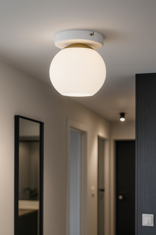 Lampa sufitowa MAREA w kolorze białym ze złotymi dodatkami. Klosz biały opal. Na 1 żarówkę E27 o dowolnej mocy. Lemir O3601 P1 BIA + ZL