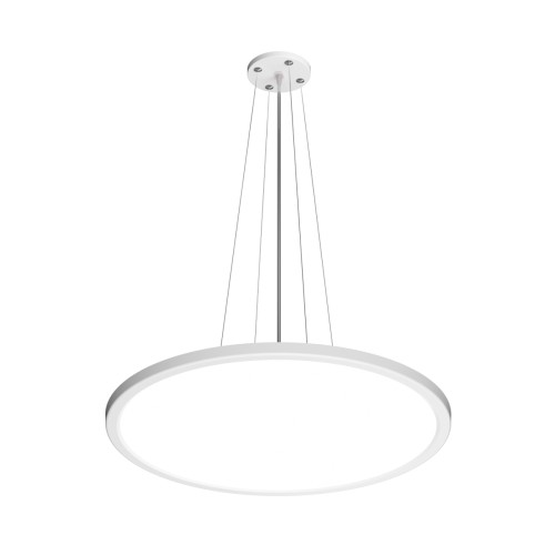 Biała lampa wisząca MANITO Italux LED 36W o średnicy 48 cm pasuje nad stół, wyspę kuchenną lub barek. Strumień 4300 lm i wybór barwy CCT 2800/4000/6000K pozwalają dopasować oświetlenie do wnętrza. Model PND-72843-480R-36W-WH.