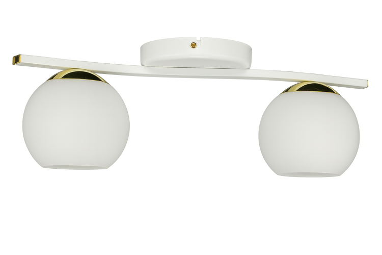 Lampa sufitowa MAREA 2xE27 biała ze złotymi dodatkami. Klosze białe w formie kuli. Listwa mocująca. Polski produkt firmy Lemir.