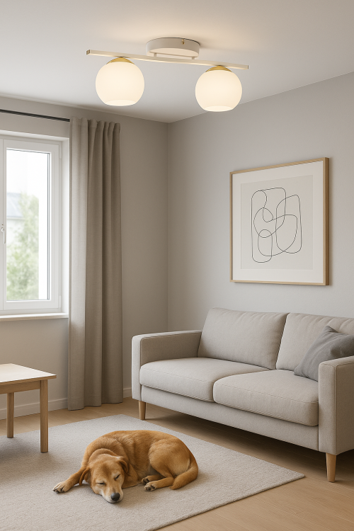 Lampa sufitowa MAREA 2xE27 biała ze złotymi dodatkami. Klosze białe w formie kuli. Listwa mocująca. Polski produkt firmy Lemir.