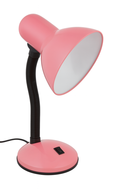 Różowa lampka biurkowa z oprawką E27 to stylowe i funkcjonalne oświetlenie do pokoju dziecięcego, biura lub sypialni. Wykonana z metalu i tworzywa, posiada włącznik w podstawie. Wysokość 34,5 cm, szerokość 23 cm, IP20, zasilanie 230V