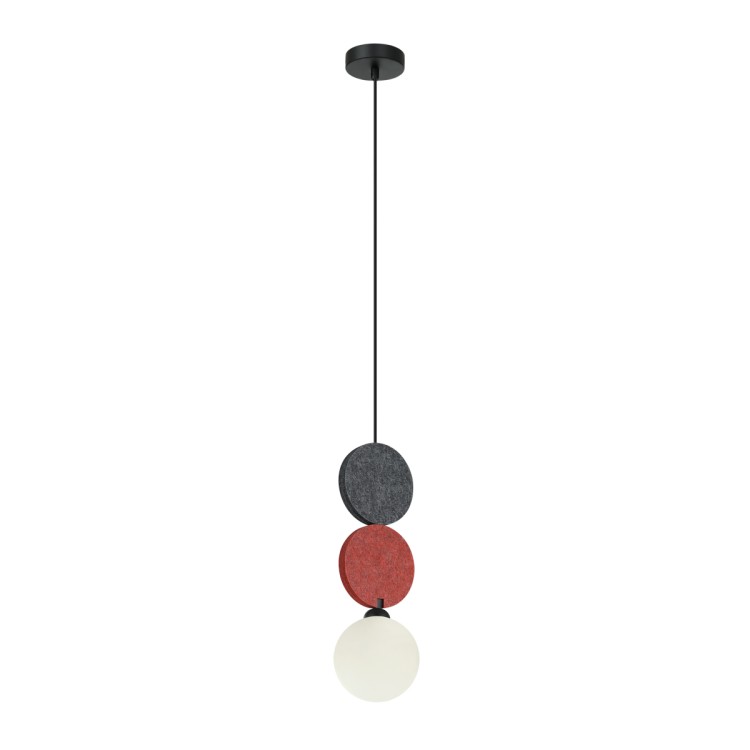 Lampa sufitowa ANDREA 1xG9 czarna czerwona szara kula z filcu. Klosz biały ze szkła w kształcie kuli. Producent Italux, lampa wisząca.