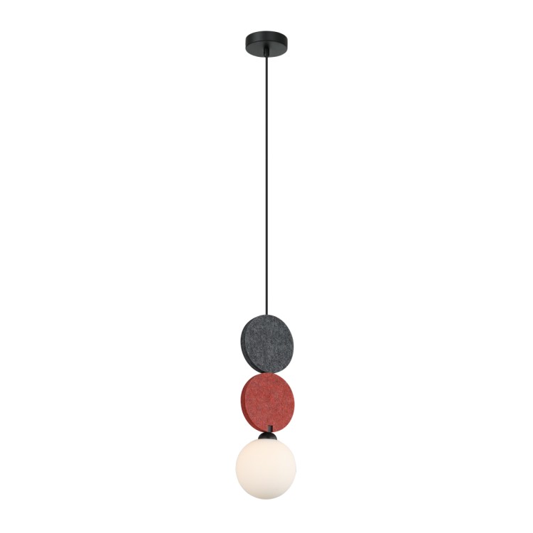 Lampa sufitowa ANDREA 1xG9 czarna czerwona szara kula z filcu. Klosz biały ze szkła w kształcie kuli. Producent Italux, lampa wisząca.