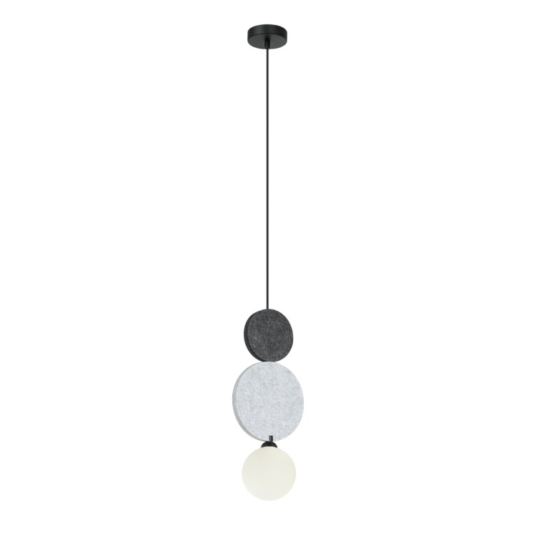 Lampa sufitowa ANDREA w kolorze czarnym, biała kula klosz. Nad nim z filcu jasnoszara i szara dekoracja. Italux Lampa sufitowa ANDREA 1xG9 czarna szara Italux PND-59779B-1M-MLTI.