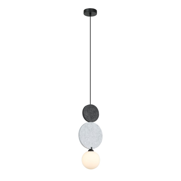 Lampa sufitowa ANDREA w kolorze czarnym, biała kula klosz. Nad nim z filcu jasnoszara i szara dekoracja. Italux Lampa sufitowa ANDREA 1xG9 czarna szara Italux PND-59779B-1M-MLTI.