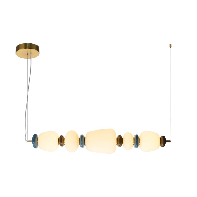 Lampa sufitowa EVANS 25W LED 2960LM, barwa światła ciepła 3000K. Lampa wisząca w kolorze złotym, białe klosze, ceramiczne niebieskie dekoracyjne elementy. Italux PND-94981-5A-GD
