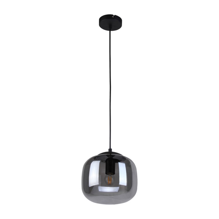 Lampa sufitowa CALTO 1xE27 Italux to eleganckie połączenie metalu i dymionego szkła. Czarna oprawa i zamknięty klosz tworzą nowoczesny, przytulny klimat. Idealna do kuchni, jadalni lub salonu. Wysokość regulowana, średnica 22 cm