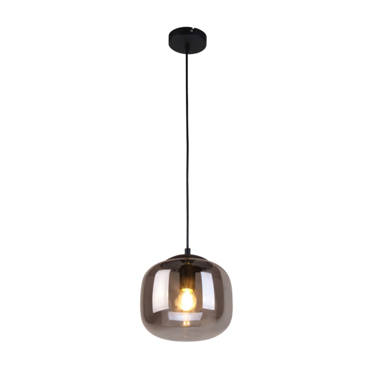 Lampa sufitowa CALTO 1xE27 Italux to eleganckie połączenie metalu i dymionego szkła. Czarna oprawa i zamknięty klosz tworzą nowoczesny, przytulny klimat. Idealna do kuchni, jadalni lub salonu. Wysokość regulowana, średnica 22 cm