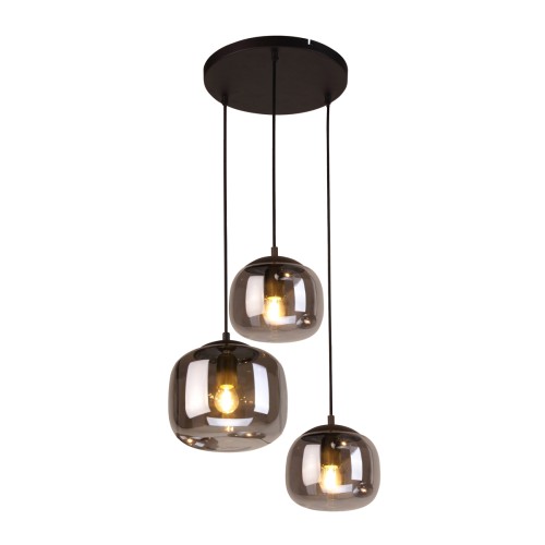 Lampa sufitowa CALTO 3xE27 czarna dymione klosze PND-67705-3-BK-SG. Lampa wisząca potrójna, kaskada. Nowoczesne deign.