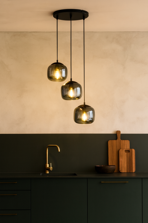 Lampa sufitowa CALTO 3xE27 czarna dymione klosze PND-67705-3-BK-SG. Lampa wisząca potrójna, kaskada. Nowoczesne deign.