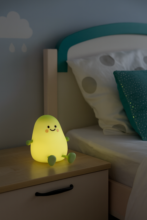 Lampka dziecięca MANGO zielona na stolik nocny. Ładowana przez USB, RGB. Bezpieczna, kolorowa, idealna do pokoju dziecięcego.