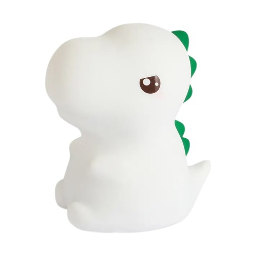 Bezpieczna i komapktowa lampka dziecięca DINO w kolorze białym z dodatkami w kolorze zielonym. Ładowalna lampka na stolik nocny.