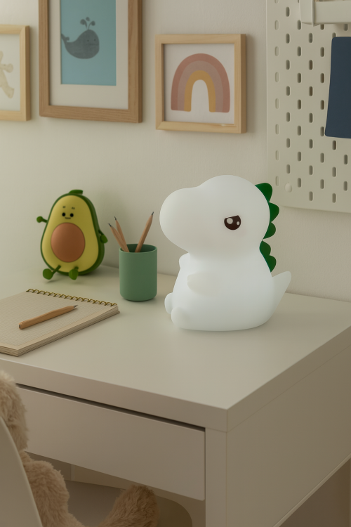 Bezpieczna i komapktowa lampka dziecięca DINO w kolorze białym z dodatkami w kolorze zielonym. Ładowalna lampka na stolik nocny.