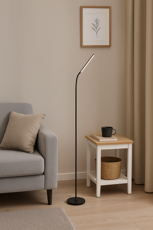 Lampa podłogowa MESO 8W LED 170 cm to nowoczesne oświetlenie z regulacją barwy światła (2700K/4000K/6500K). Czarna, smukła konstrukcja idealnie pasuje do salonu, gabinetu lub biura. Kąt świecenia 120°, strumień świetlny 300 lm, włącznik z przyciskiem