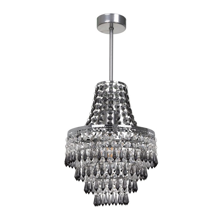 Żyrandol GEMMA MLP1587 Milagro to elegancka lampa z chromowaną oprawą i akrylowymi kryształkami w kolorze czarnym i przezroczystym. Średnica 23 cm, wysokość 50 cm. Na 1 żarówkę E27 max 60W. Idealny do salonu, sypialni lub eleganckiego holu.