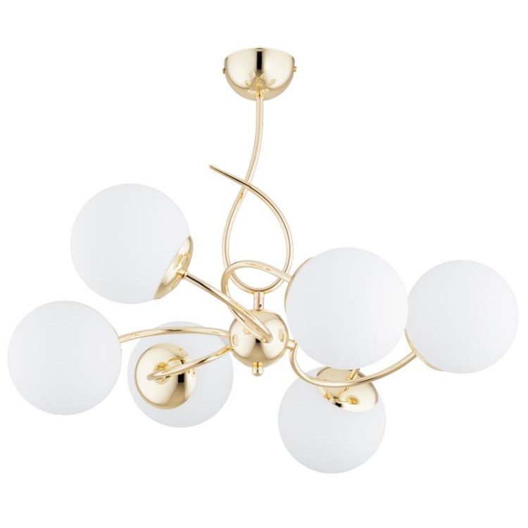Lampa sufitowa TORNADO 6xE14 od Alfa to eleganckie połączenie złotego metalu i białych szklanych kul. Nowoczesny design, solidne wykonanie i efektowna forma sprawiają, że idealnie pasuje do salonu, jadalni lub sypialni. Polski produkt wysokiej jakości.