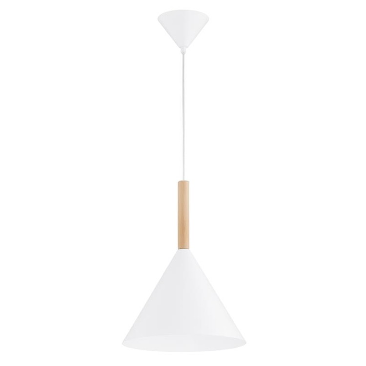 Lampa sufitowa FUKS 1xE27 marki Alfa to połączenie białego metalu i naturalnego drewna w nowoczesnym stylu. Idealna do kuchni, jadalni lub nad wyspę. Średnica 32 cm, wysokość 90 cm. Polska produkcja, wysoka jakość i skandynawski design