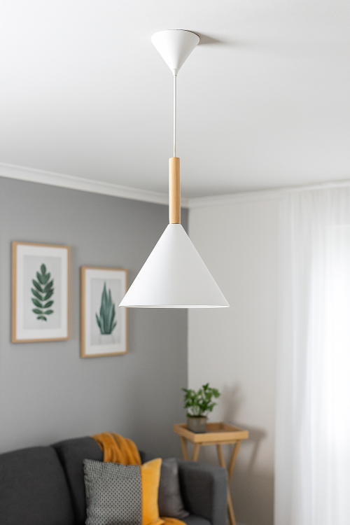 Lampa sufitowa FUKS 1xE27 marki Alfa to połączenie białego metalu i naturalnego drewna w nowoczesnym stylu. Idealna do kuchni, jadalni lub nad wyspę. Średnica 32 cm, wysokość 90 cm. Polska produkcja, wysoka jakość i skandynawski design