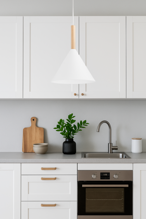 Lampa sufitowa FUKS 1xE27 marki Alfa to połączenie białego metalu i naturalnego drewna w nowoczesnym stylu. Idealna do kuchni, jadalni lub nad wyspę. Średnica 32 cm, wysokość 90 cm. Polska produkcja, wysoka jakość i skandynawski design
