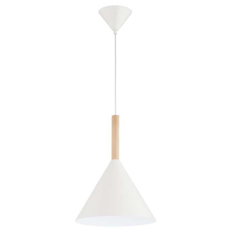 Lampa sufitowa FUKS 1xE27 marki Alfa to połączenie białego metalu i naturalnego drewna w nowoczesnym stylu. Idealna do kuchni, jadalni lub nad wyspę. Średnica 32 cm, wysokość 90 cm. Polska produkcja, wysoka jakość i skandynawski design