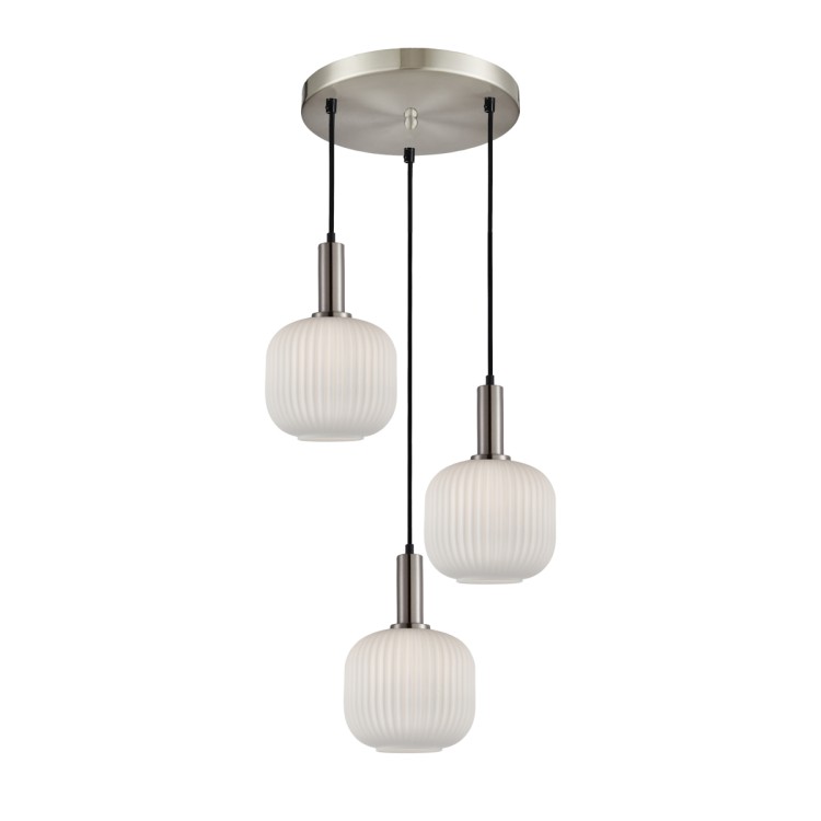 Lampa sufitowa PENZI w kolorze srebrnym z białymi żebrowanymi kloszami Italux PND-31981-3S-SC-WH. Żyrandol kaskada.