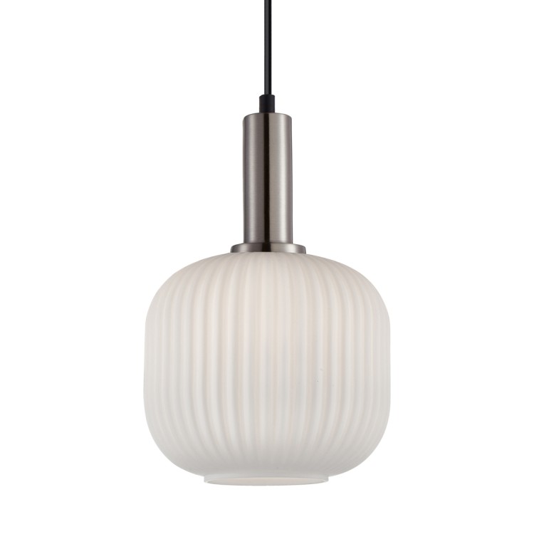 Lampa sufitowa PENZI w kolorze srebrnym z białymi żebrowanymi kloszami Italux PND-31981-3S-SC-WH. Żyrandol kaskada.