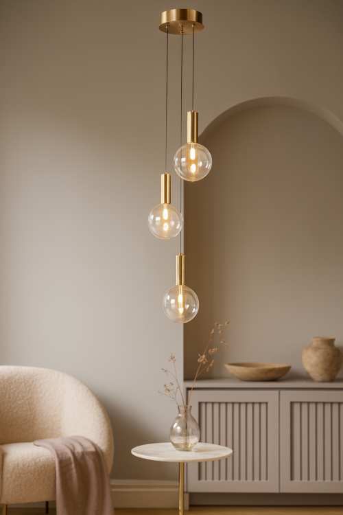 Lampa sufitowa STRELA w kolorze złotym z bursztynowymi kloszami Italux PND-34378-3S-HBR. 3x 5W LED 1188Lm barwa światła ciepła biała 3000K. Lampa wisząca kaskada.