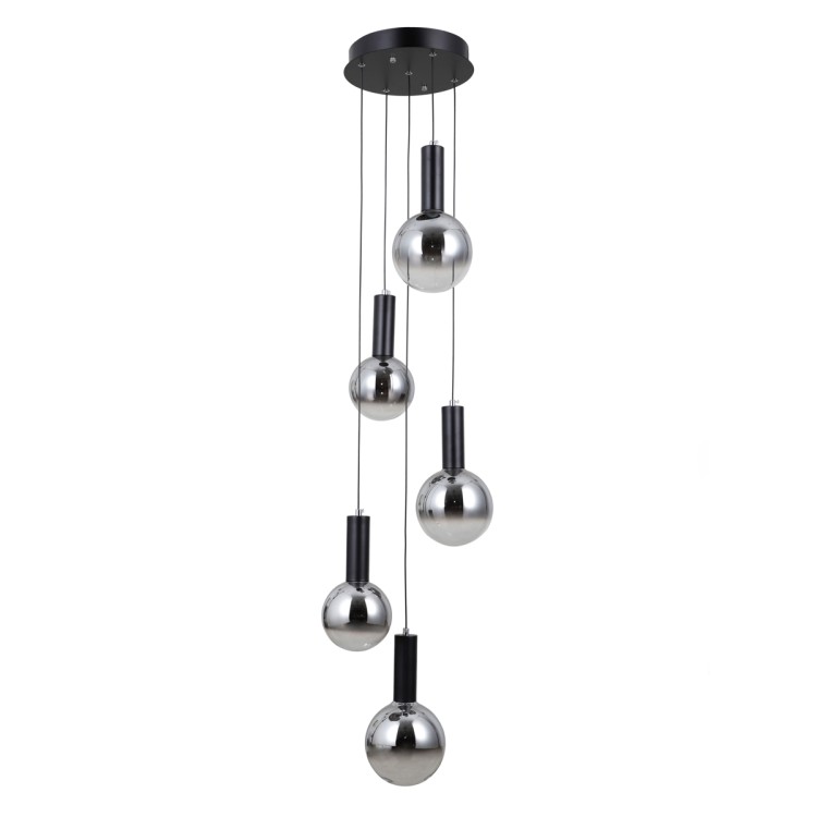 Lampa sufitowa STRELA czarna 5x5W LED dymione klosze kule Italux PND-34378-5S-BK. Żyrandol kaskada w nowoczesnym wydaniu.