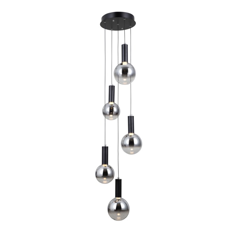 Lampa sufitowa STRELA czarna 5x5W LED dymione klosze kule Italux PND-34378-5S-BK. Żyrandol kaskada w nowoczesnym wydaniu.