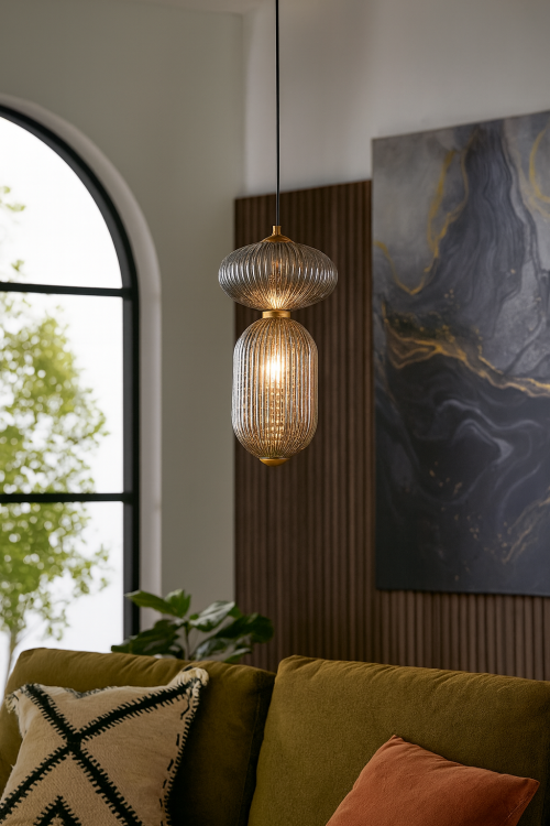 Lampa sufitowa NICO 11W LED czarna z dymionym ryflowanym kloszem Italux PND-8545-2A-AB-SG. Lampa wisząca z dekoracyjnym ryflowanym kloszem.