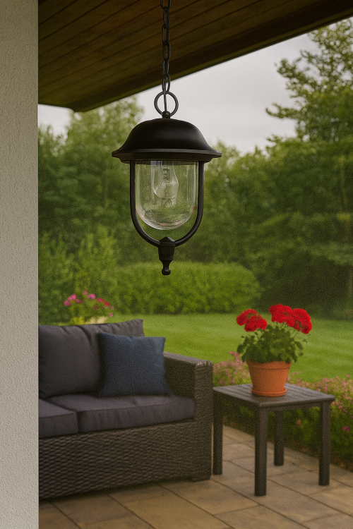 Lampa wisząca zewnętrzna PRINCE na jedną żarowkę. Lampa do umieszczenia na tarasie, balkonie, przed domem. Wykonanie trwałe aluminium, duży klosz przezroczysty.