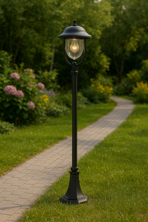 Lampa stojąca PRINCE słupek ogrodowy z dużym kloszem przezroczystym. Na jedną żarówkę na duży gwint. O wysokości 167 cm. Oświetlenie do ogrodu, alejki, podjazdu do garażu.