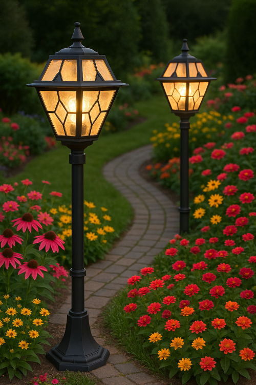 Lampa stojąca WITRAŻ o wysokości 80 cm, na jedną żarówkę E27. Solidne wykonanie, szkło witrażowe. Oświetlenie alejki w ogrodzie.
