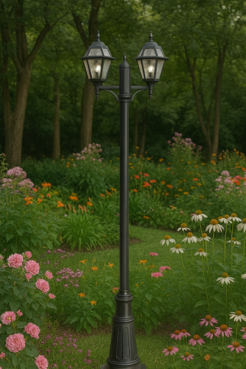 Latarnia masztowa WITRAŻ na 2 żarówki E27. Wysokość regulowana w przedziale 185 cm do 285 cm. Wykonanie aluminium, szkło witrażowe. Kolor podstawowy czarny, możliwość wykonania lampy w kolorze patyna.