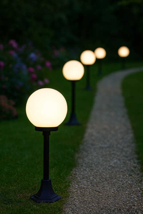 Lampa stojąca Kula słupek 73 cm z aluminium. Klosz kula w kolorze białym lub przydymionym. Oświetlenie alejki w ogrodzie. Na jedną żarówkę E27. Możliwość wykonanie lampy w kolorach patynowanych: miedzi, mosiądz, zieleń, antyk lub srebrnym.