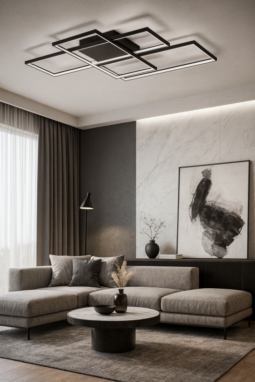 Nowoczesny plafon HYDRA 126W LED w kolorze czarnym na pilota. Możliwość zmiany barwy światła 3000K - 4000K -6500K. Płynne ściemnianie. 3 prostokąty dające 13860Lm. Duża lampa do większych przestrzeni tj salon, biuro, sypialnia.