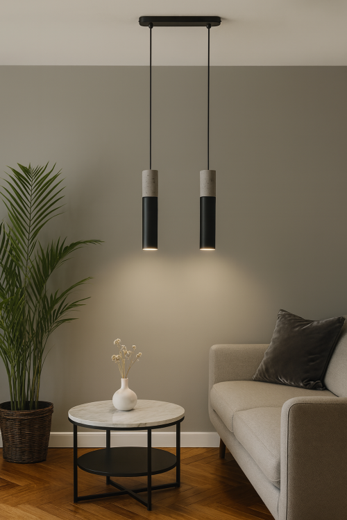 Betonowa lampa wisząca BORGIO tuba to nowoczesne oświetlenie w loftowym stylu. Połączenie szarości betonu i czerni stali podkreśla industrialny charakter wnętrza. Lampa 2xGU10 z regulacją zawiesia, idealna nad stół do jadalni, salonu, kuchni czy sypialni