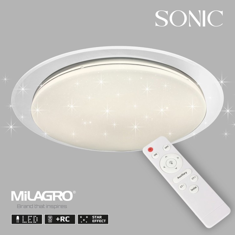 Plafon SONIC ML6411 100W LED 85 cm marki Milagro to nowoczesne oświetlenie z funkcją CCT i pilotem. Generuje aż 8000 lm, dzięki czemu idealnie rozświetla duże wnętrza. Smukły, biały design doskonale pasuje do salonu, biura, jadalni czy holu