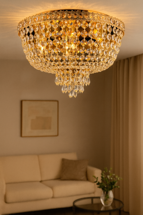 Plafoniera kryształowa ALMADA złota 6x60W Venti to elegancka lampa sufitowa z przezroczystymi kryształami i złotą oprawą. Idealna do salonu, sypialni czy jadalni, łączy luksusowy wygląd z funkcjonalnością. Obsługuje 6x E27 60W, możliwość LED